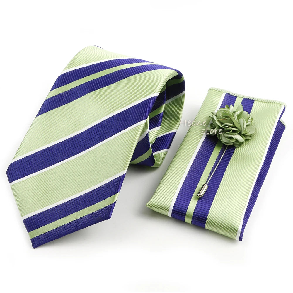 Men's Striped Necktie, Pocket Square & Brooch Set | Groom & Groomsmen Wedding Accessory