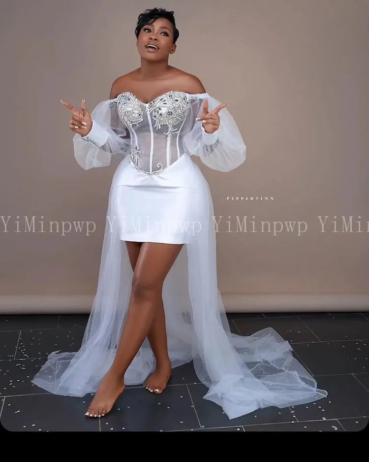 White Off-Shoulder Corset Wedding Dress | Long Sleeve Tulle Bridal Gown