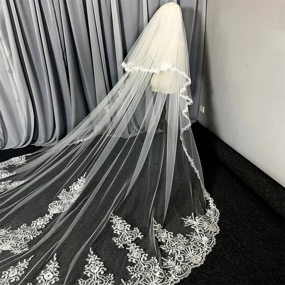 Cover face Real Photo 3m two Layer Wedding Veil With Comb White Lace Edge Bridal Veils Ivory Appliqued Cathedral Wedding Veil