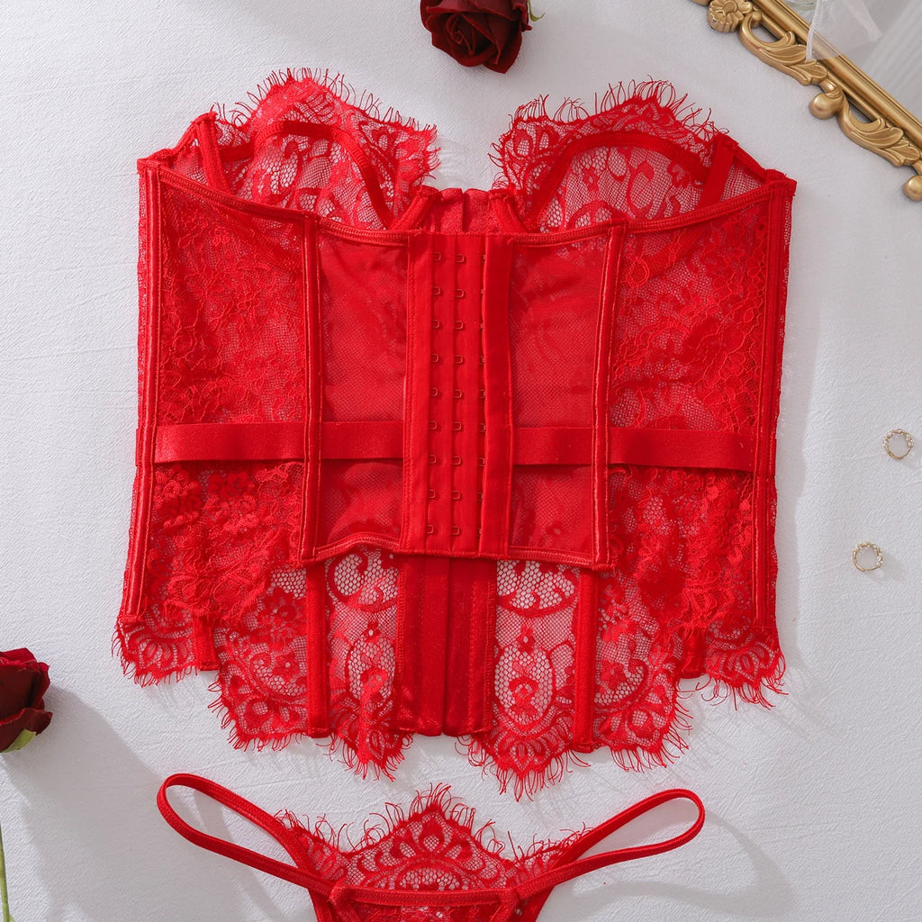 Ensembles de Lingerie Ellolace Palace Femme Corset Souple String Ensemble 2 Pièces Sexy Chaud Sans Bretelles Dentelle Fantaisie Décolleté Plongeant Sous-Vêtements Femme