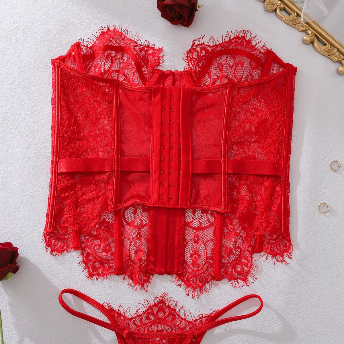 Ensembles de Lingerie Ellolace Palace Femme Corset Souple String Ensemble 2 Pièces Sexy Chaud Sans Bretelles Dentelle Fantaisie Décolleté Plongeant Sous-Vêtements Femme