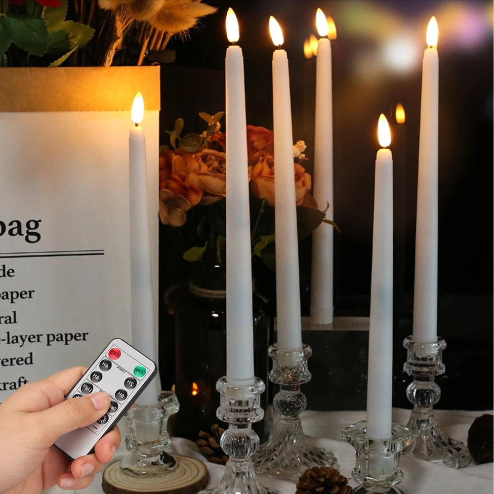 6/12 Bougies Coniques LED Sans Flamme Ivoire Vacillantes avec Télécommande Mèche 3D à Piles Bougie de Fenêtre de Noël Décor de Mariage