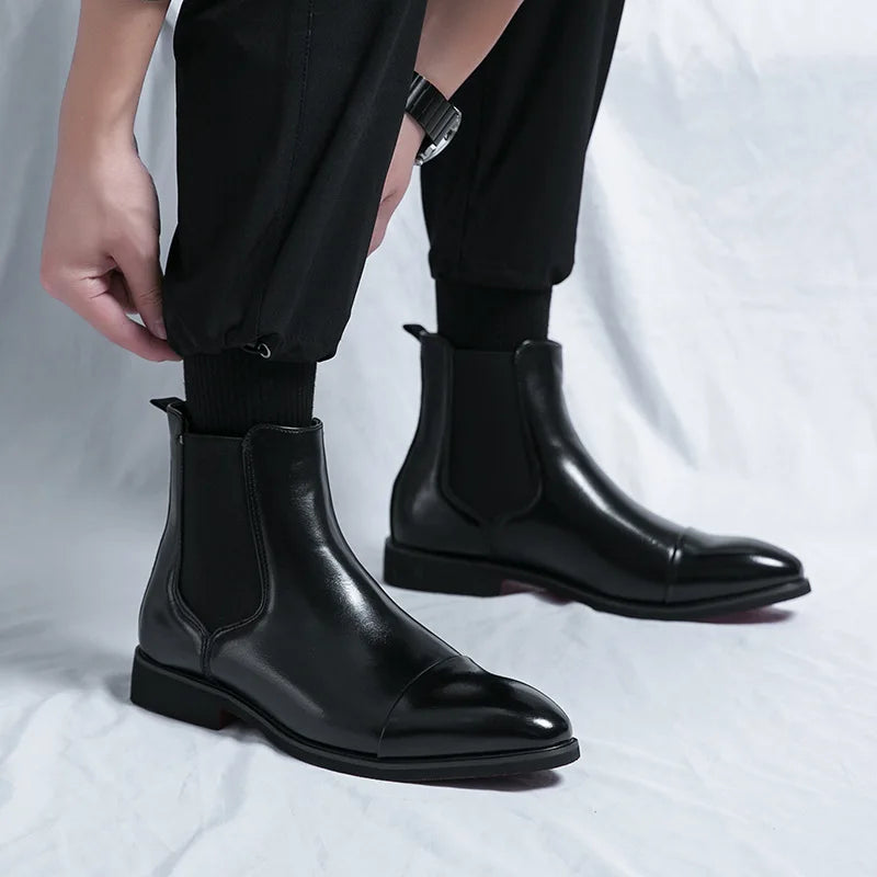 Bottes pour hommes Bottines d'affaires Semelle rouge Bout pointu Bottes habillées Chaussures montantes en cuir de style britannique Chelsea pour hommes décontractées à enfiler