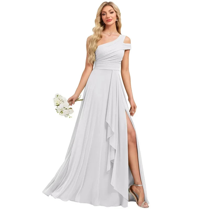 Robe de Demoiselle d'honneur en Mousseline Coupe Droite, Épaule Dénudée, Fendue, Plissée, Élégante pour Mariage, Soirée ou Bal, Dos Lacé