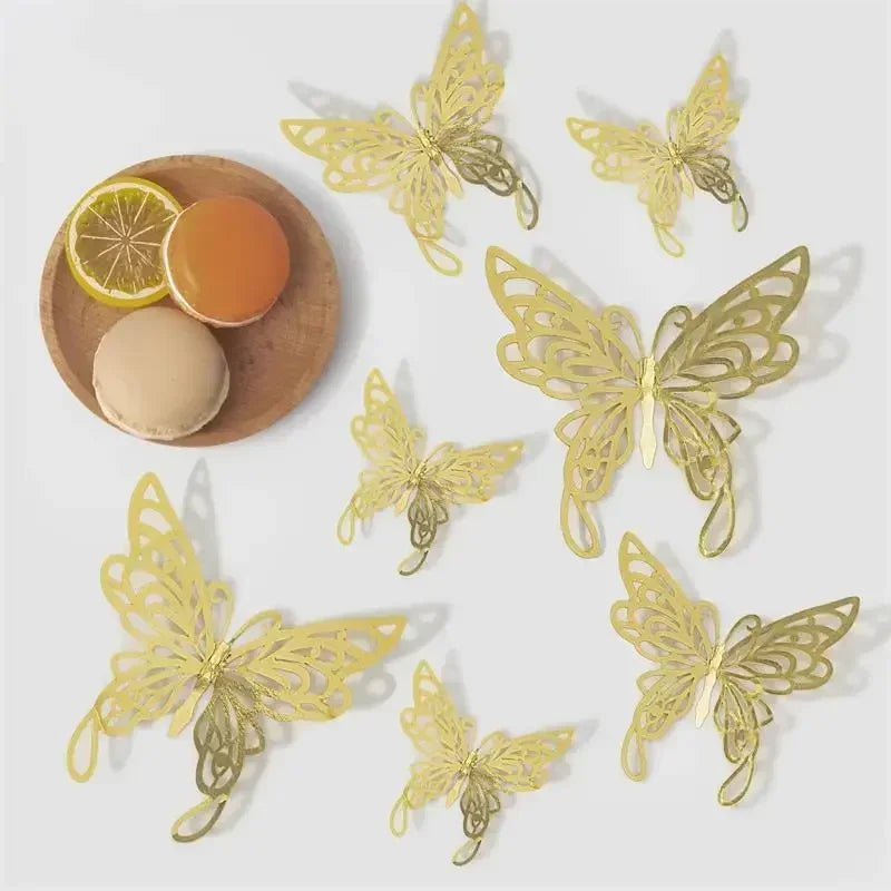 48pcs Gold Silver Hollow Butterfly Wall Stickers 3D Butterflies Bedroom Living Room Home Decoration Applique Wedding Decor