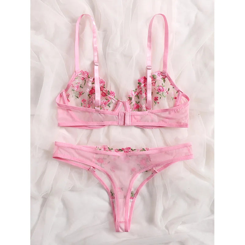 Lingerie Sexy Broderie Florale Sous-Vêtements Dentelle Transparente Court Kits de Soins de la Peau Ensemble Fée Délicate Femme 2 Pièces