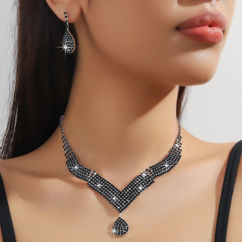 Parure collier et boucles d'oreilles goutte d'eau en strass – 3 pièces, bijoux de mariée