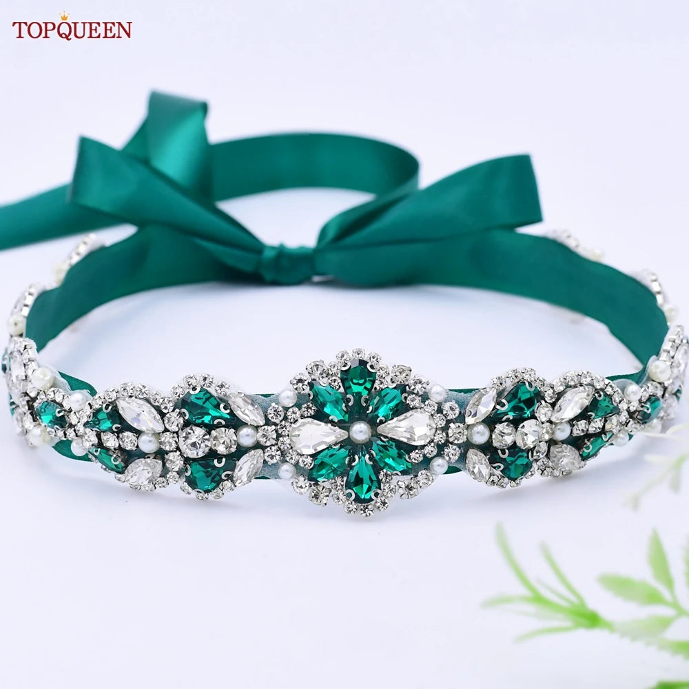 TOPQUEEN Ceinture Verte Multi-styles Avec Diamants Accessoires de Mariage Nuptiaux Strass Robes Femme Soirée Ceintures S30