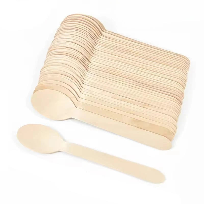 50/100 PIÈCES Cuillère, Fourchette et Couteau en Bois Jetables Couverts en Bois pour Gâteau, Crème Glacée, pour Mariage, Anniversaire, Fête
