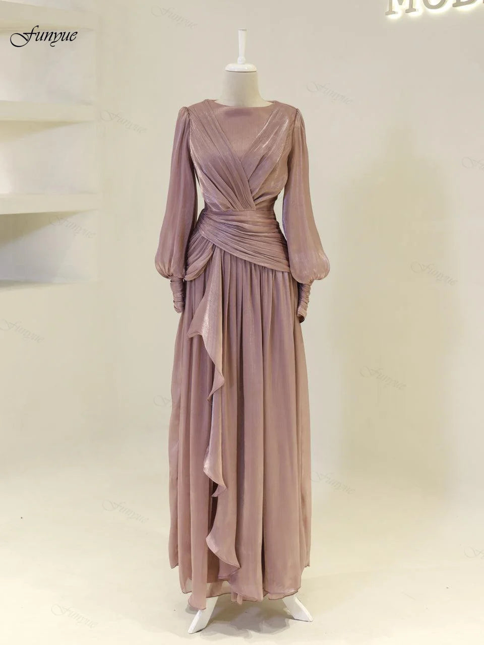 Robes de soirée musulmanes personnalisées élégantes pour femmes, en mousseline avec volants, manches longues, pour invités de mariage, robe de soirée formelle