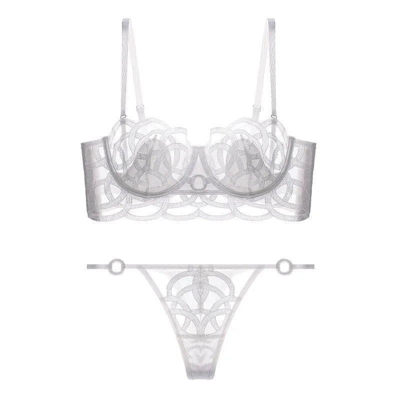 CINOON Lingerie sexy brodée pour femme Ensemble soutien-gorge push-up en dentelle fine et transparente + porte-jarretelles + string, ensemble de 3 pièces de lingerie française