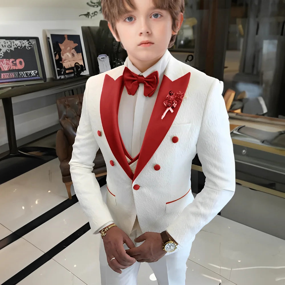 Costume jacquard blanc pour garçons, costume trois pièces pour mariage, smoking enfant 2025, nouveau design, veste, pantalon, gilet, robe sur mesure