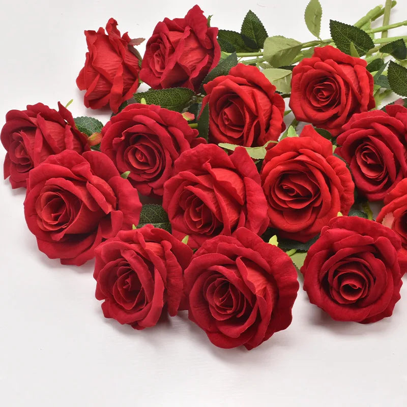Velvet Artificial Rose Flowers for Wedding Décor & DIY (Set of 10)