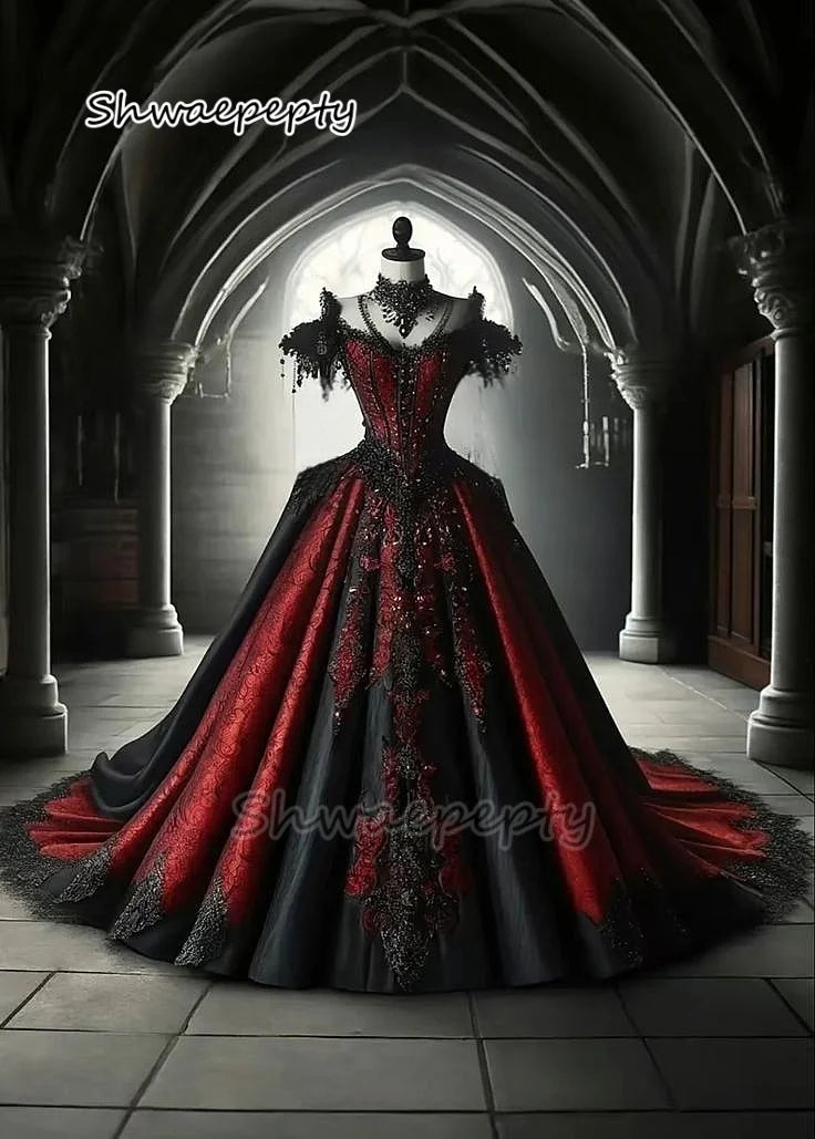 Robe De Mariée Gothique Rétro Noire Et Rouge Foncée Robe De Mariée Vintage Appliques En Dentelle Perles Personnalisée Vestido De Novia