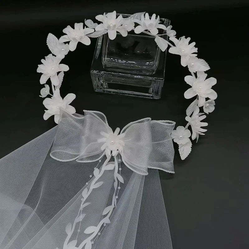 Voile de Couronne de Mariée Élégant Blanc Européen et Américain Bandeau pour Femmes Nœud de Mariage Couronne de Fête Accessoire de Cheveux