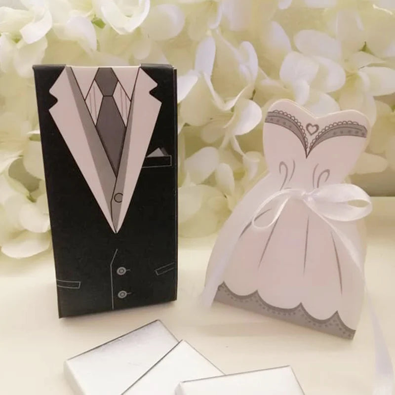 10pcs Wedding Dress Patterns Candy Box Wedding Bridal Souvenirs Candy Box With Ribbon Suit Bride And Groom Accessories Decor