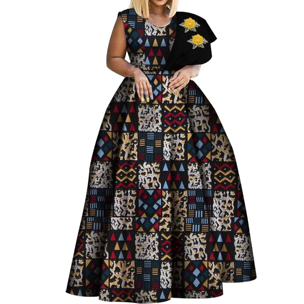 Bintarealwax Robes africaines Dashiki imprimées Bazin Robe de soirée asymétrique Robes africaines grande taille pour femmes WY3834