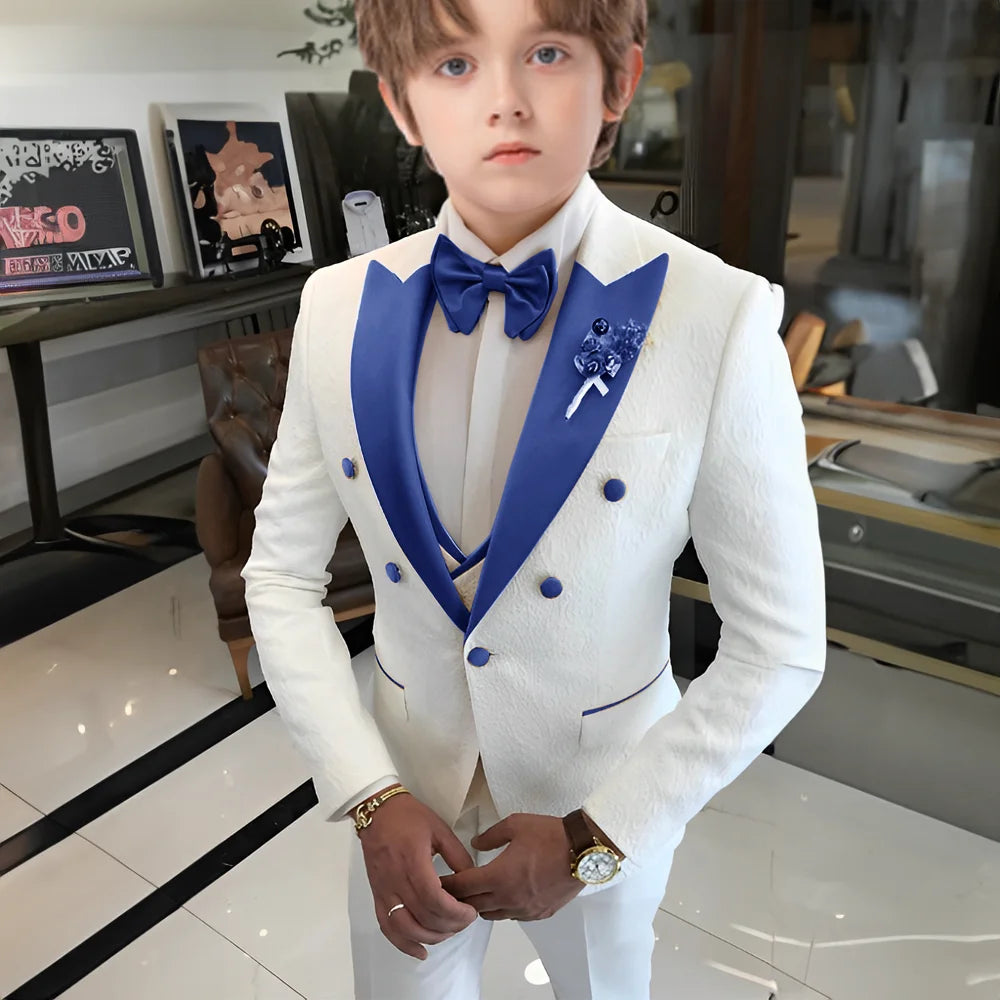 Costume jacquard blanc pour garçons, costume trois pièces pour mariage, smoking enfant 2025, nouveau design, veste, pantalon, gilet, robe sur mesure