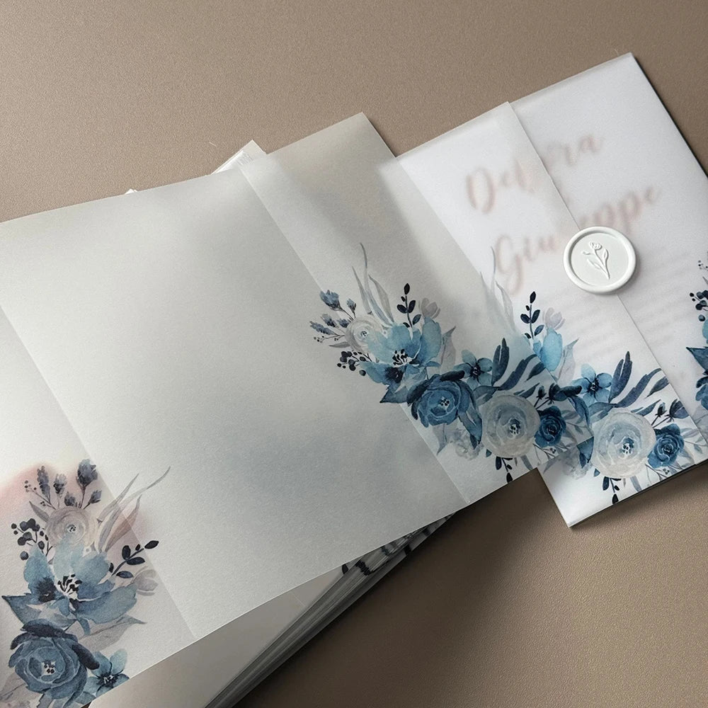 20pcs Watercolor flower Vellum  Wrap suitable for a 5 x 7 Wedding Invitation,vellum jacket,custom invitation