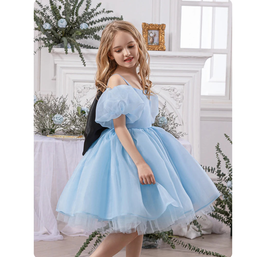 Robe gothique noire pour bébé fille de 4 à 8 ans, pour occasions formelles, manches bouffantes, robe de princesse pour fête d'anniversaire d'enfants avec nœud rose élégant