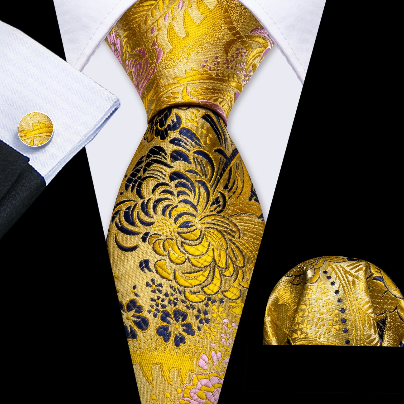 Barry.Wang Cravate Jacquard Or et Jaune pour Homme avec Mouchoir de Poche et Boutons de Manchette, Cravate Exquise pour Mariage et Affaires