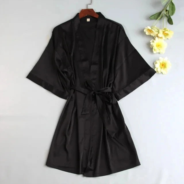 Peignoir de mariée blanc pour femme, robe de chambre matinale, manches 3/4, chemise de nuit ample, peignoir kimono en satin de soie, lingerie