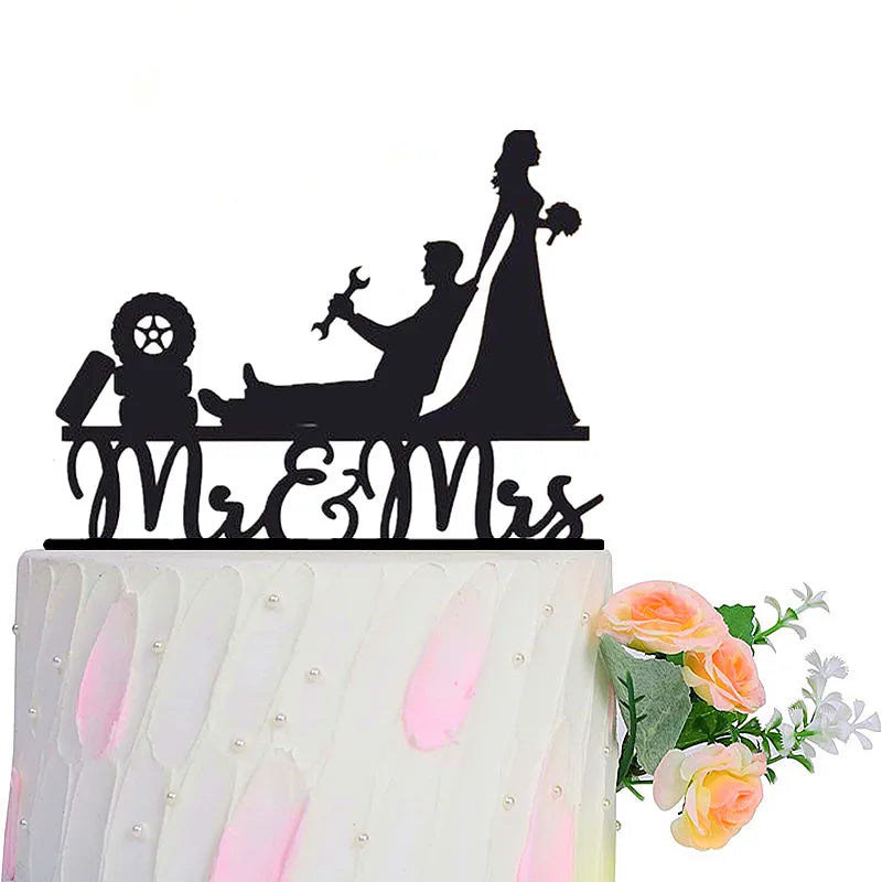 Funny Wedding Party Cake Topper Mariée Marié M. Mme Acrylique Noir Gâteaux de mariage Style Sport Mixte Couples Cake Décoration de mariage