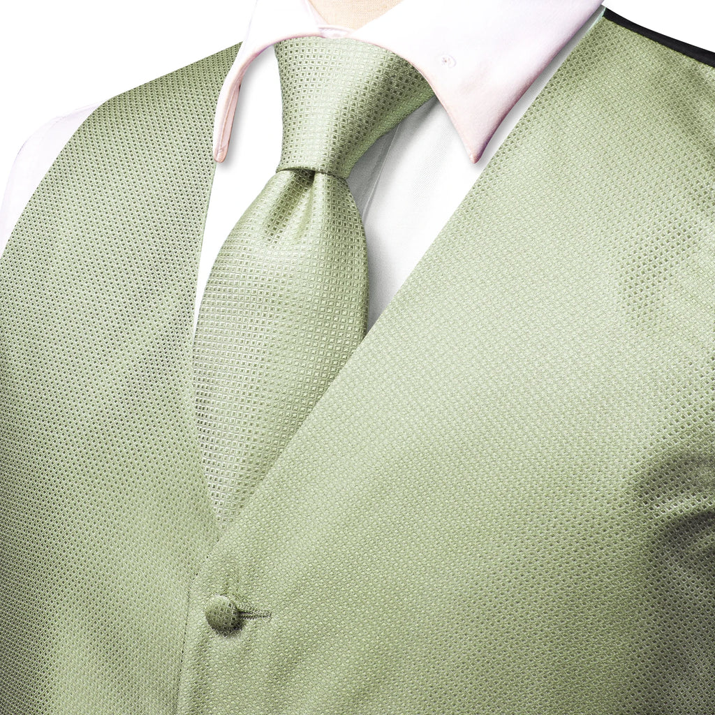 Gilets de costume en soie Hi-Tie pour homme, 4 pièces, tissés, vert sauge uni, gilet, cravate, pochette, boutons de manchette, pour affaires, mariage, robe, veste de taille