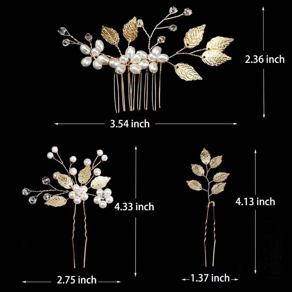4Pcs Sets Pearl Wedding Hair Accessories Elegant Vintage Leaf Shaped Tiaras Handmade Bride Insert Hair Clip Bride Accessories