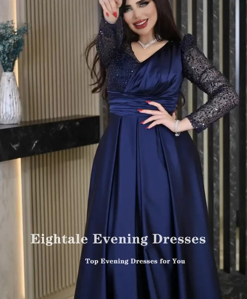 Eightale Robe de Soirée de Luxe Col en V Rose Poudré Personnalisée Manches Longues Pailletées Robe de Bal Arabe Robe de Soirée Mariage Vestidos De Gala