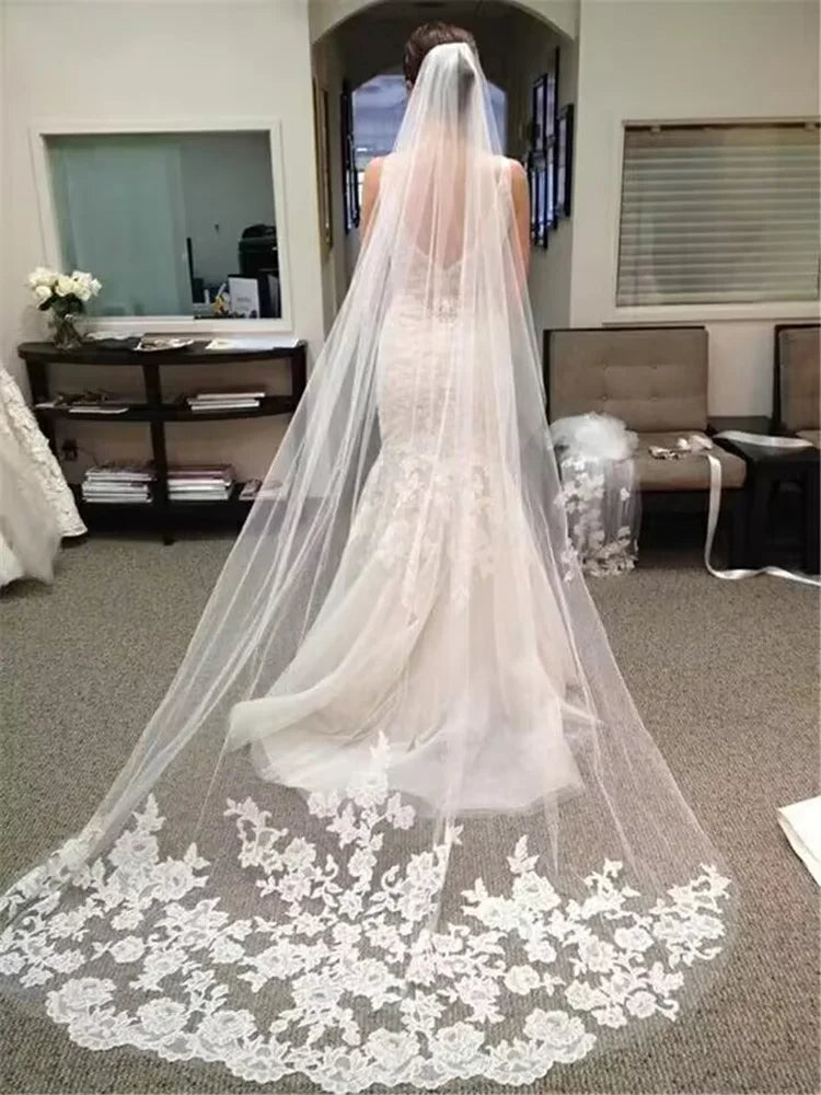 Voile de Mariée Long Cathédrale Dentelle Voile Mariage Blanc Ivoire Accessoires de Mariée Une Couche 3 Mètres Veu De Noiva L