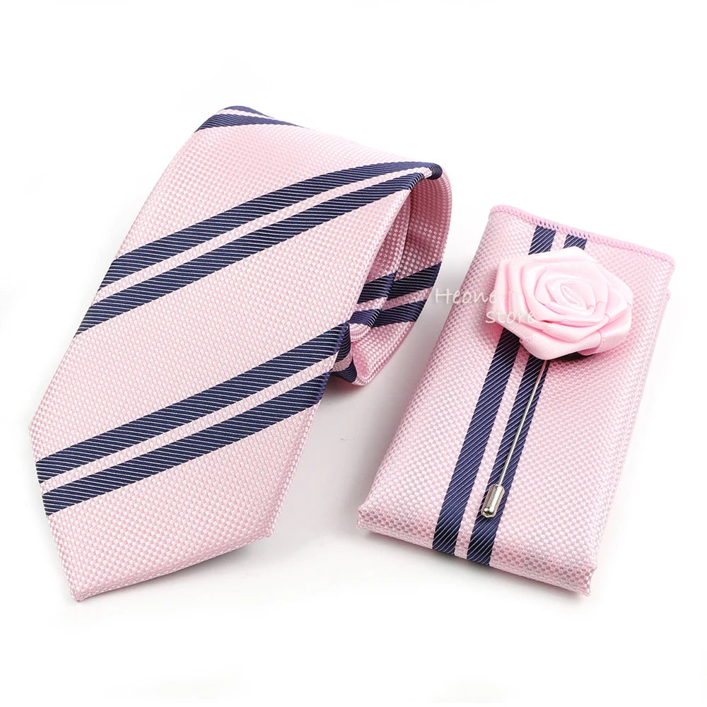Men's Striped Necktie, Pocket Square & Brooch Set | Groom & Groomsmen Wedding Accessory