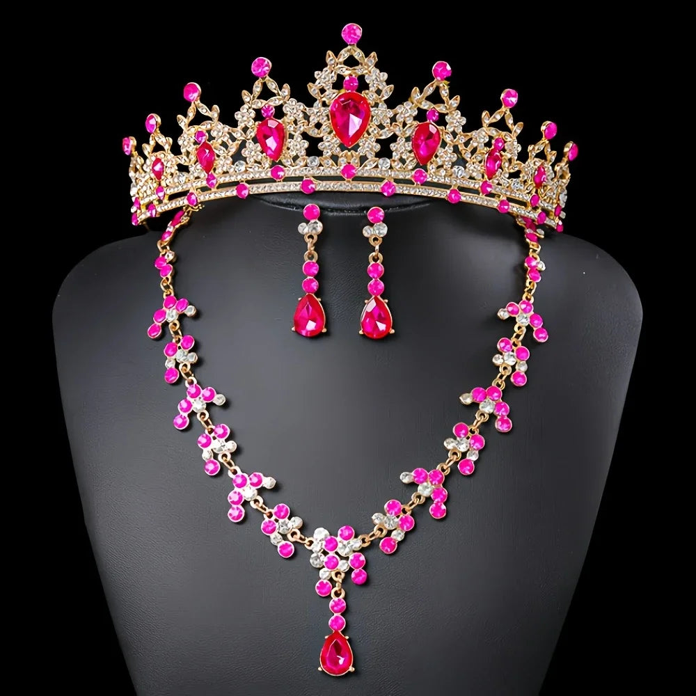 Accessoires de mariée tendance et élégants, parure 3 pièces : Couronne de mariée, collier, boucles d'oreilles, accessoires pour robe de mariée