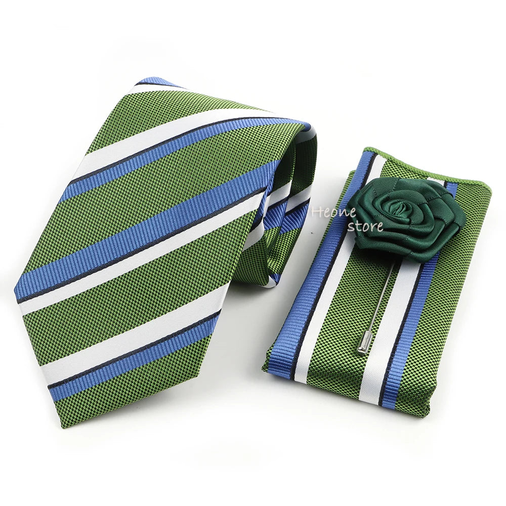 Men's Striped Necktie, Pocket Square & Brooch Set | Groom & Groomsmen Wedding Accessory