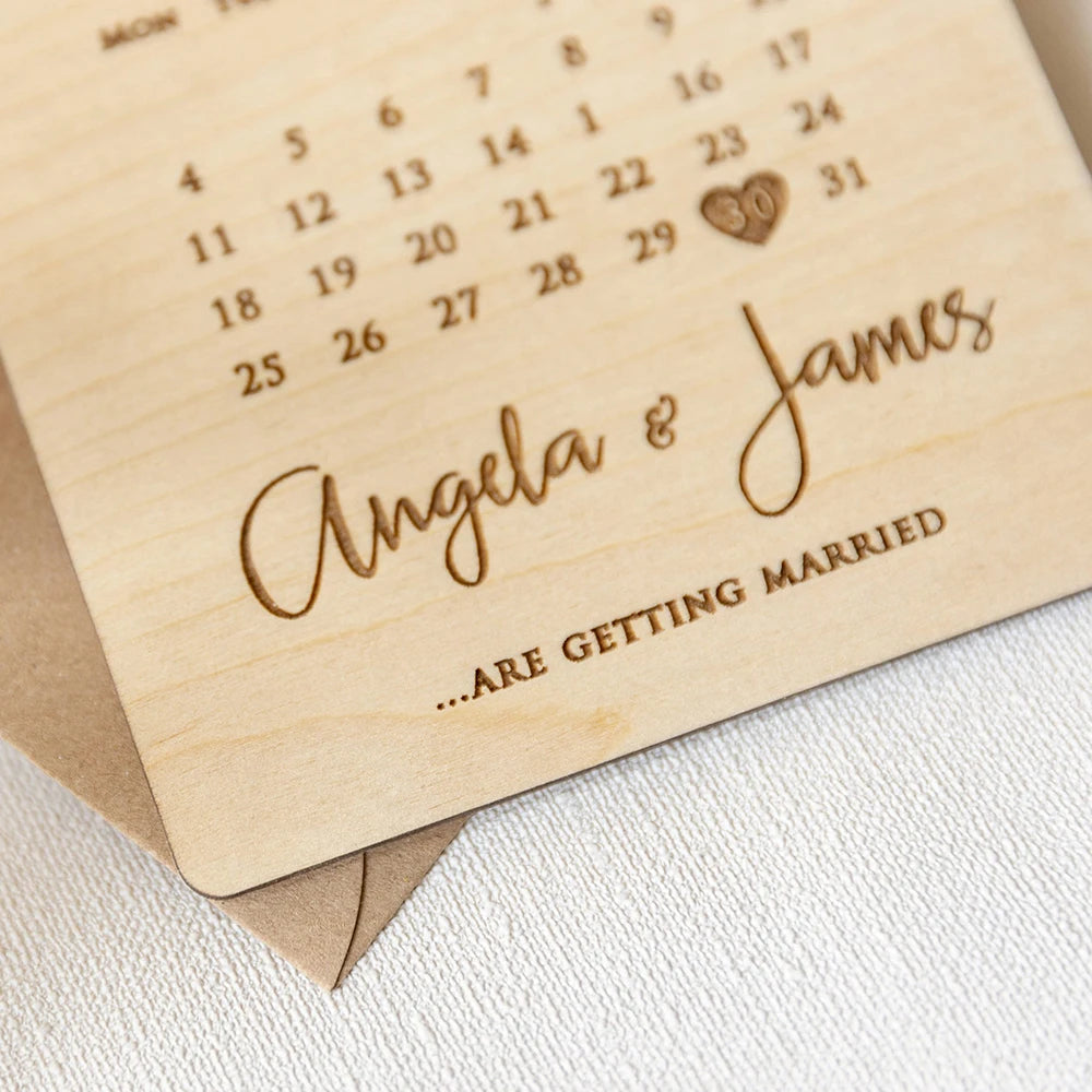 Faire-part de mariage personnalisé en bois/acrylique découpé au laser avec calendrier gravé et enveloppe écologique