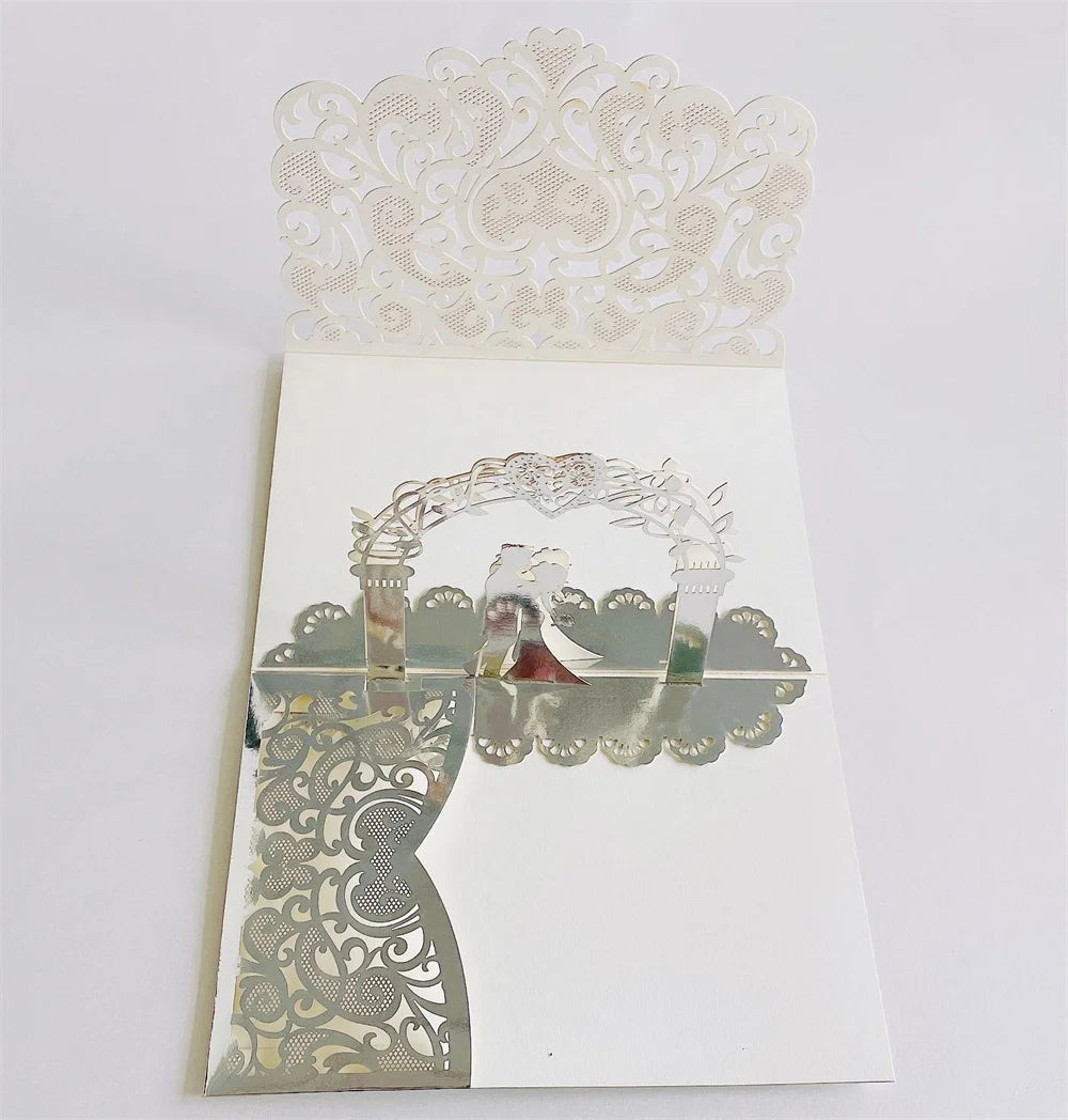 6 Pièces/Lot 3D Pop Up Mariés Ivoire Carte d'invitation de mariage Laser Poche Florale Douche nuptiale Invitations de fiançailles