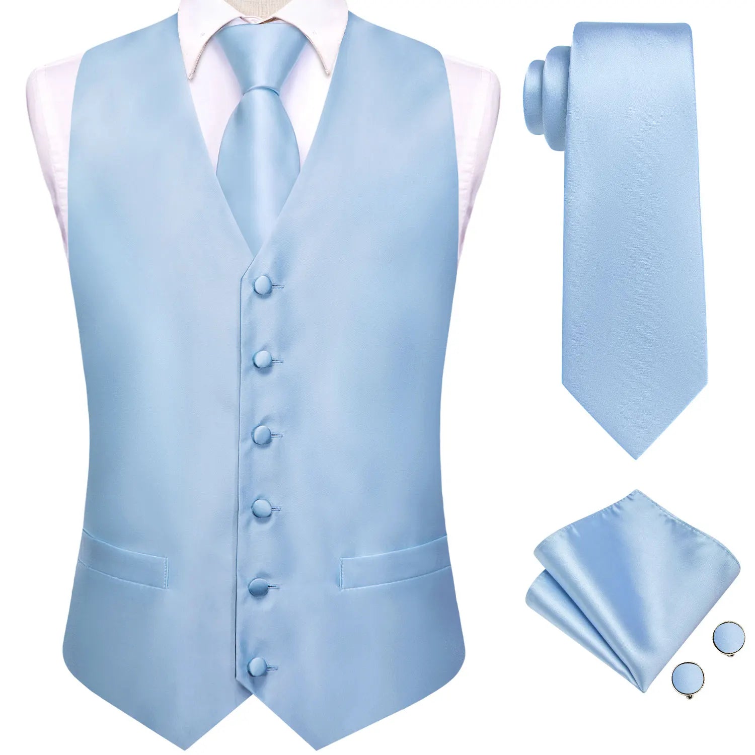 Gilets de costume en soie Hi-Tie pour homme, 4 pièces, tissés, vert sauge uni, gilet, cravate, pochette, boutons de manchette, pour affaires, mariage, robe, veste de taille