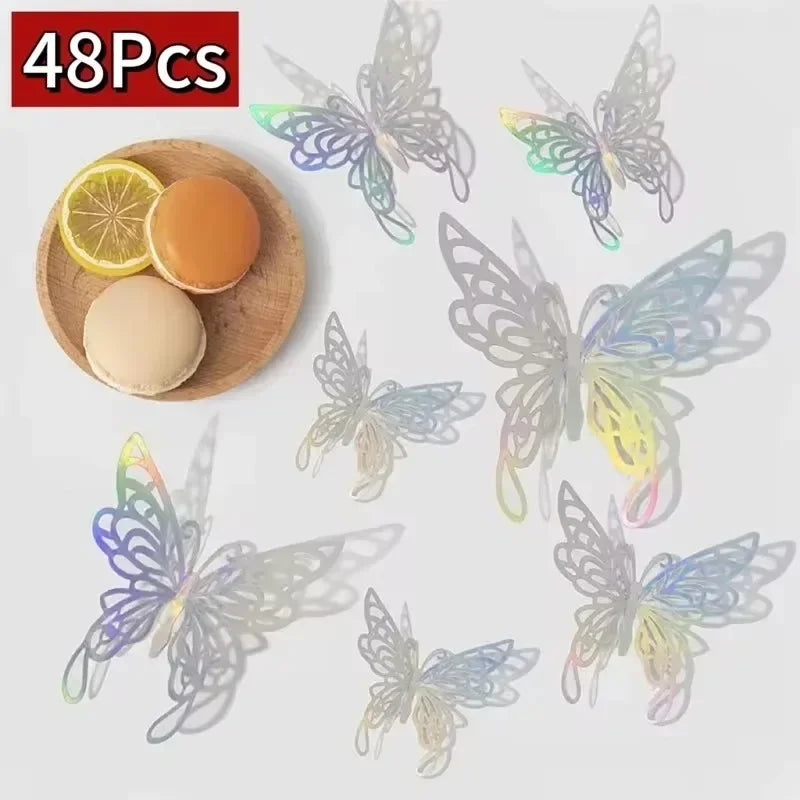 48 autocollants muraux papillons creux dorés et argentés, papillons 3D, pour chambre à coucher, salon, décoration de maison, applique, décoration de mariage