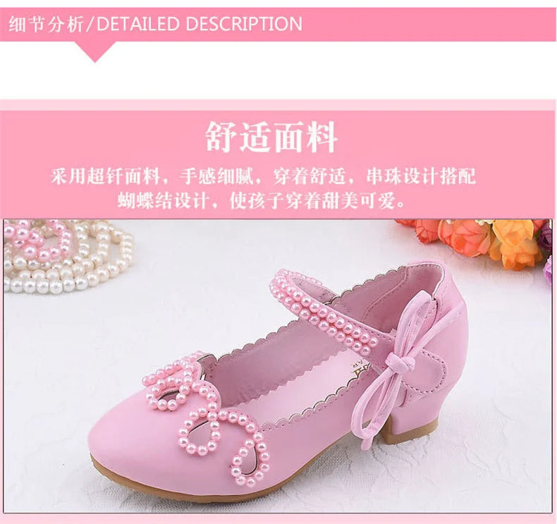 Nouvelles chaussures à talons hauts de princesse pour enfants, chaussures en cuir pour robe de mariée de fille, chaussures blanches pour enfants, chaussures de performance pour étudiants