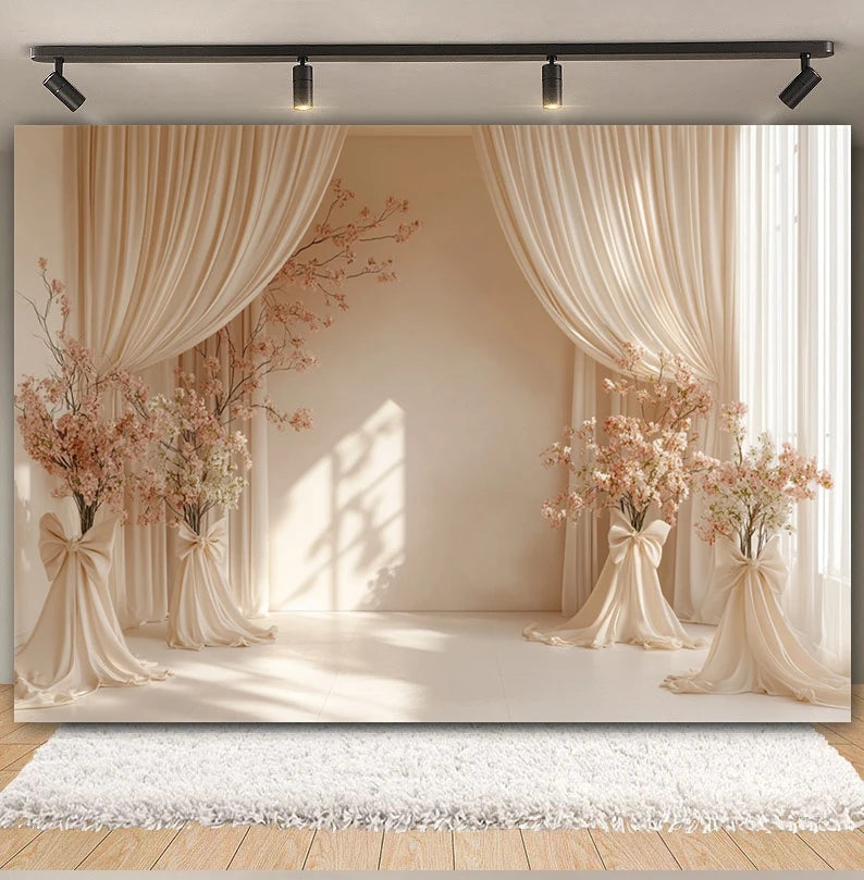 Toile de fond de fête pour photographie, motif mariage, fleur rose, palais, mur blanc, pour fête prénuptiale, décor de portrait de mariage, arrière-plan photo