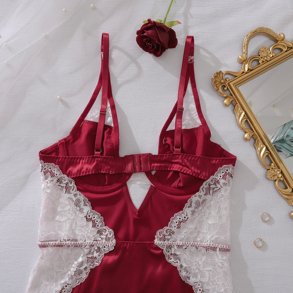 Ellolace Robe en satin sexy à col en V profond Lingerie sexy en dentelle patchwork fendue Robe de nuit sissy Robe nuisette en soie pour femmes