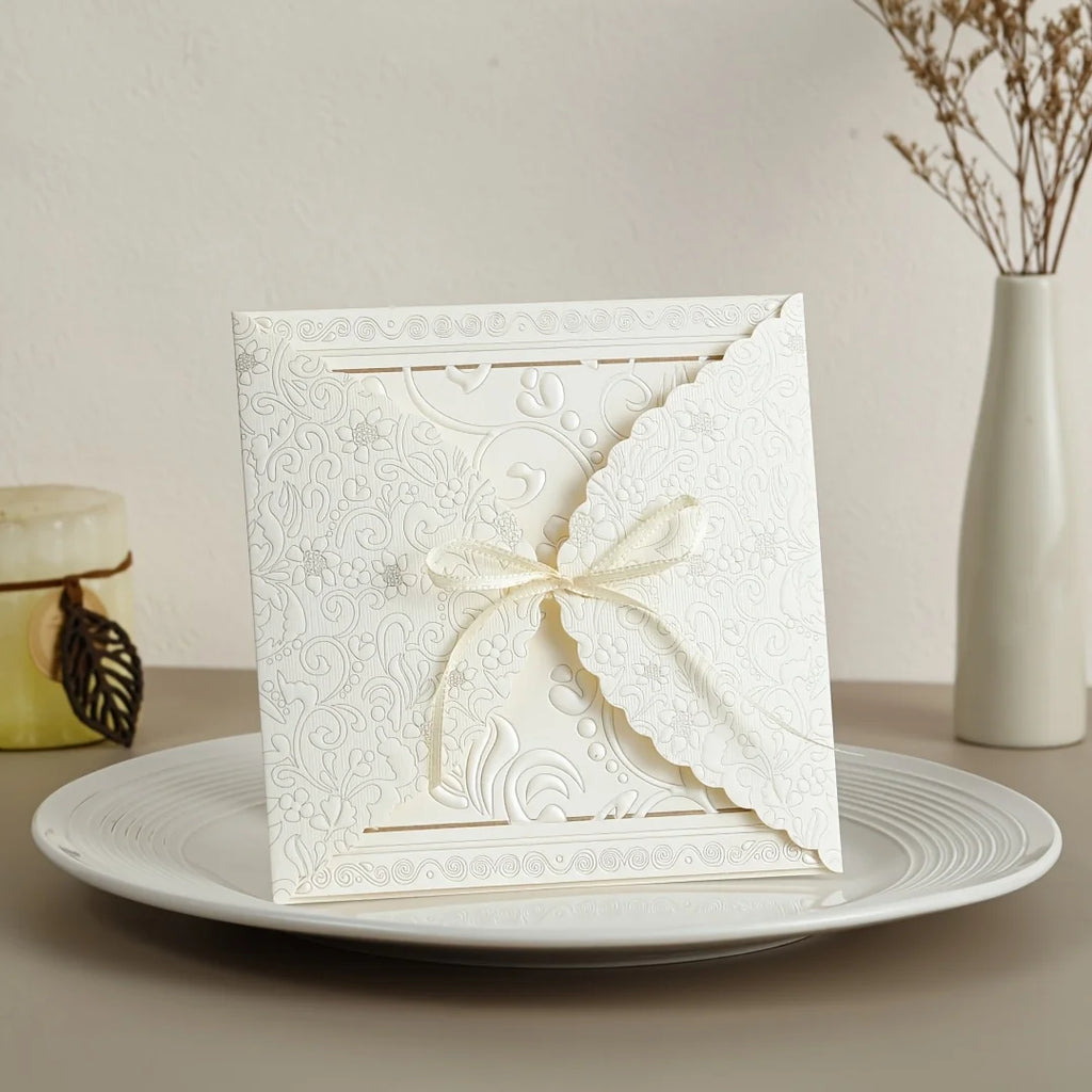 2 invitations de mariage élégantes carrées avec nœud découpé, cartes intérieures et pochettes d'enveloppe - Fournitures et décorations pour mariage et fête