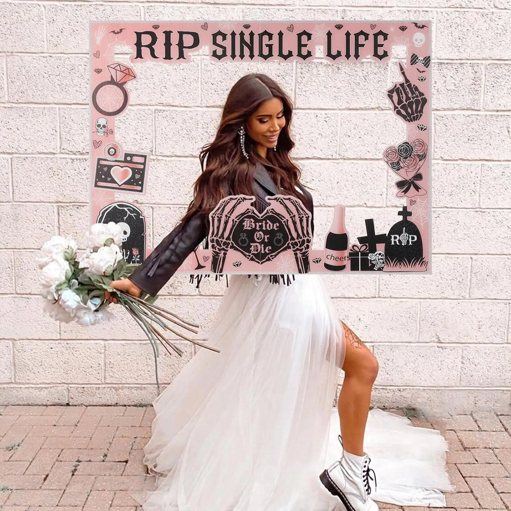 Rose Gold Rip Single Life Bachelorette Party Decor Photo Booth Prop Frame for Gothic Bride Or Die Engagement Bridal Shower Party