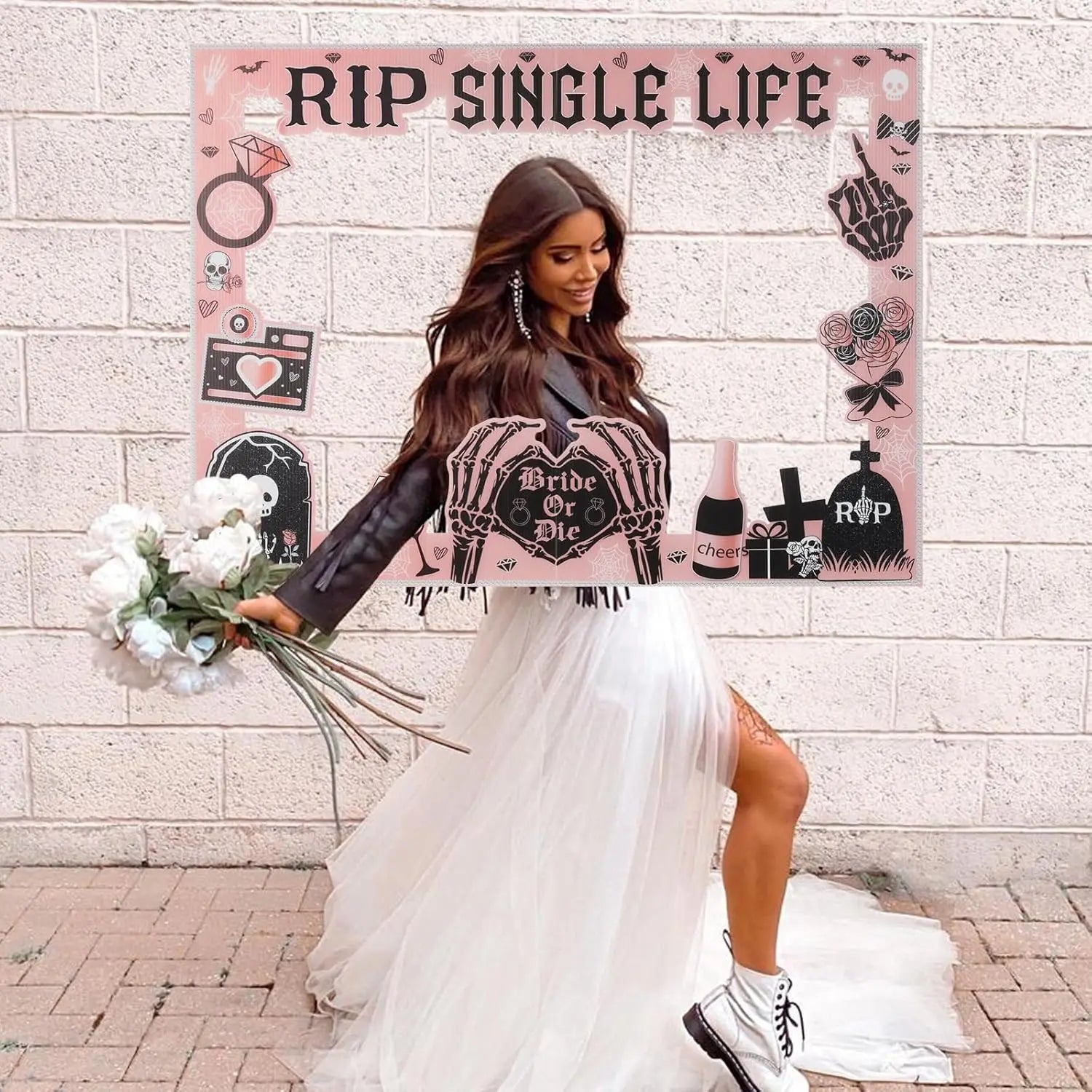 Rose Gold Rip Single Life Bachelorette Party Decor Photo Booth Prop Frame for Gothic Bride Or Die Engagement Bridal Shower Party
