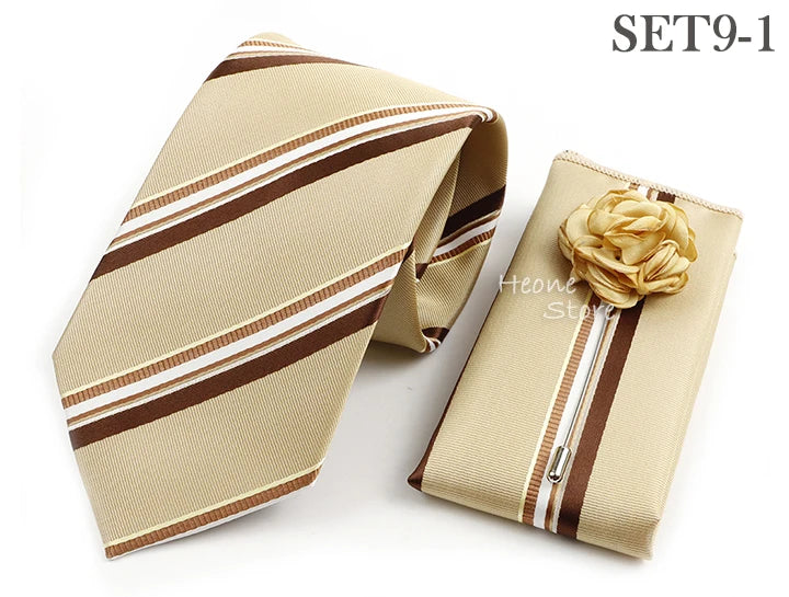 Men's Striped Necktie, Pocket Square & Brooch Set | Groom & Groomsmen Wedding Accessory