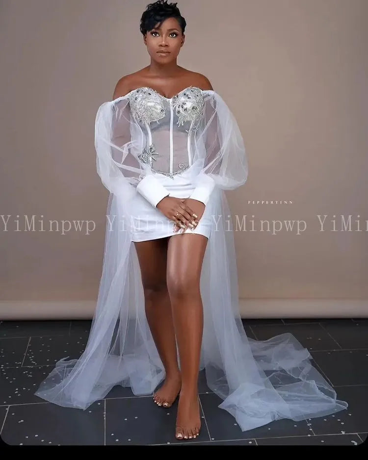 White Off-Shoulder Corset Wedding Dress | Long Sleeve Tulle Bridal Gown