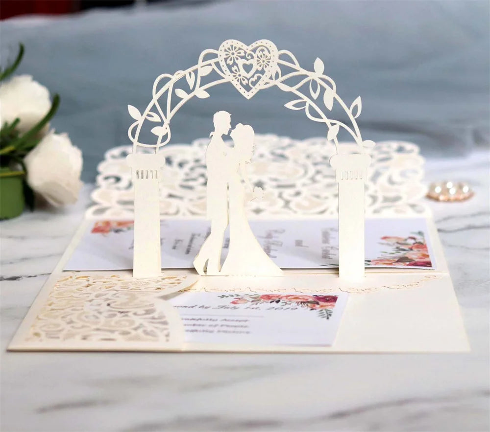 6 Pièces/Lot 3D Pop Up Mariés Ivoire Carte d'invitation de mariage Laser Poche Florale Douche nuptiale Invitations de fiançailles