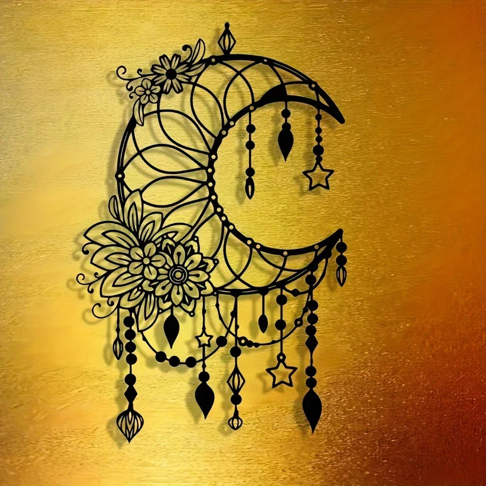 Elegant Gothic Moon & Flower Metal Wall Art Modern Craft Hanging Ornament for Living Room Decor