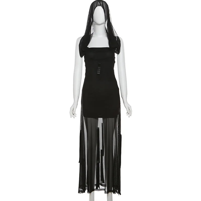 Goth Dark Fairycore Diverse Dressing Styles Partywear Sexy Strapless Hooded Long Dress Gothic Cute Bow Mesh Slim Bodycon Dresses