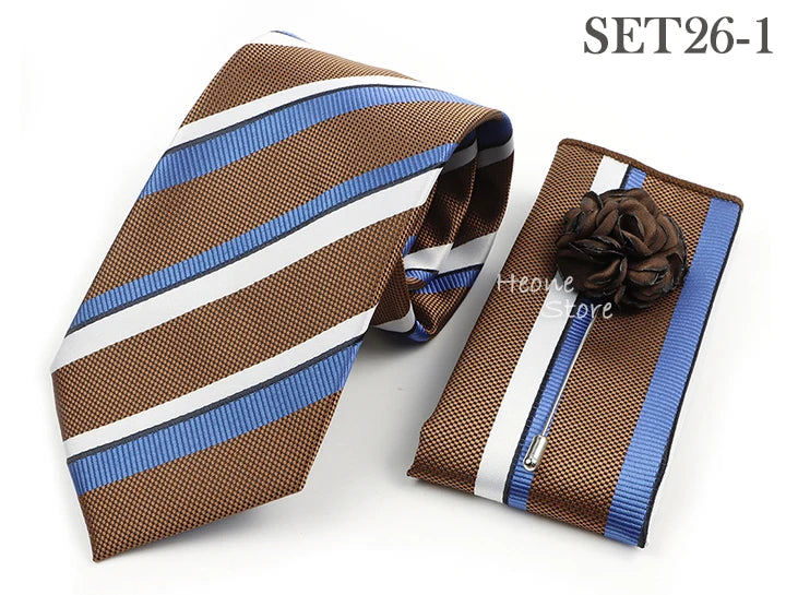 Men's Striped Necktie, Pocket Square & Brooch Set | Groom & Groomsmen Wedding Accessory